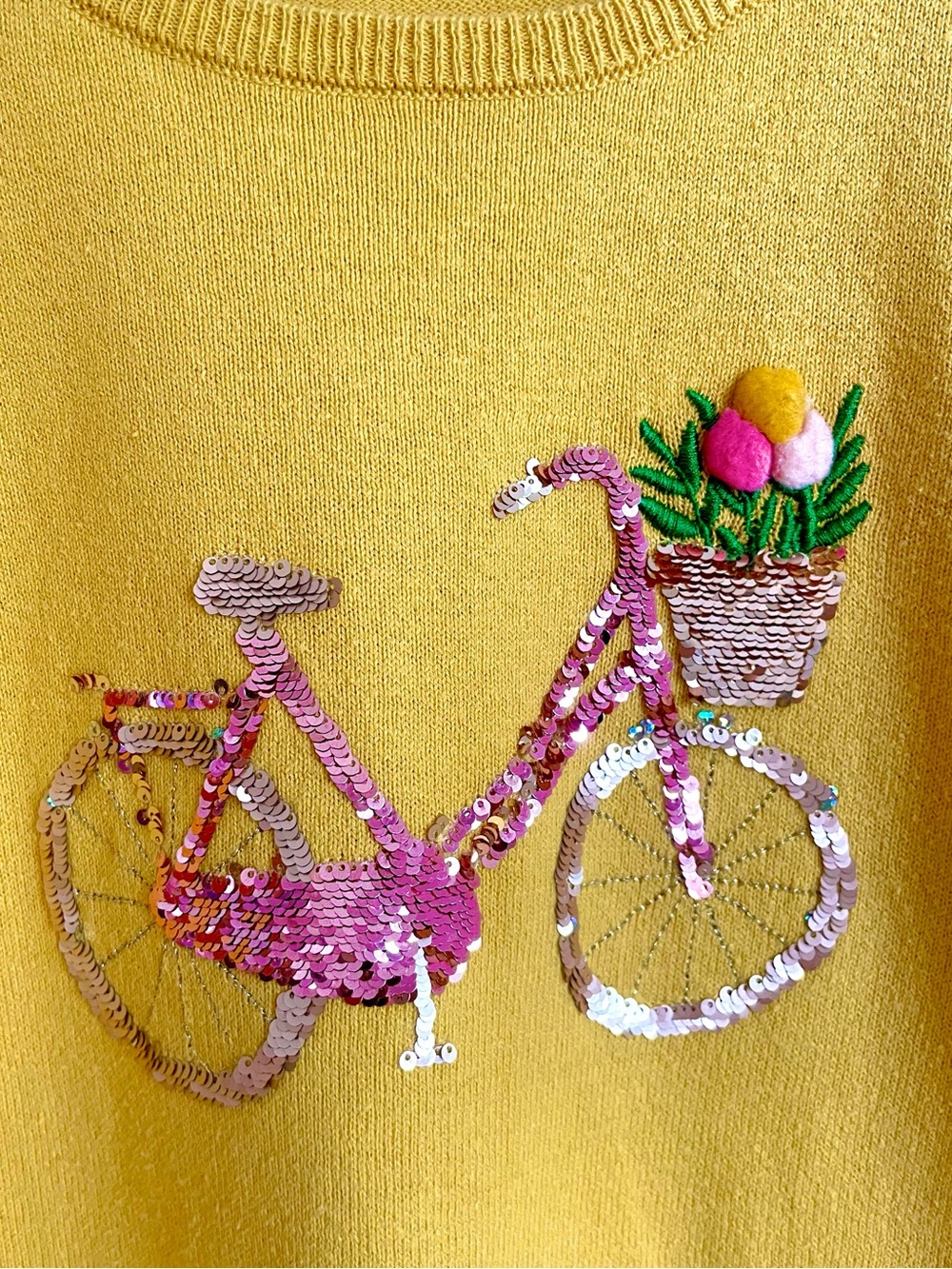 $8 💥Flip Sequins Bicycle Soft Fine-Knit Cotton Sweater, Mustard Gold & Pink